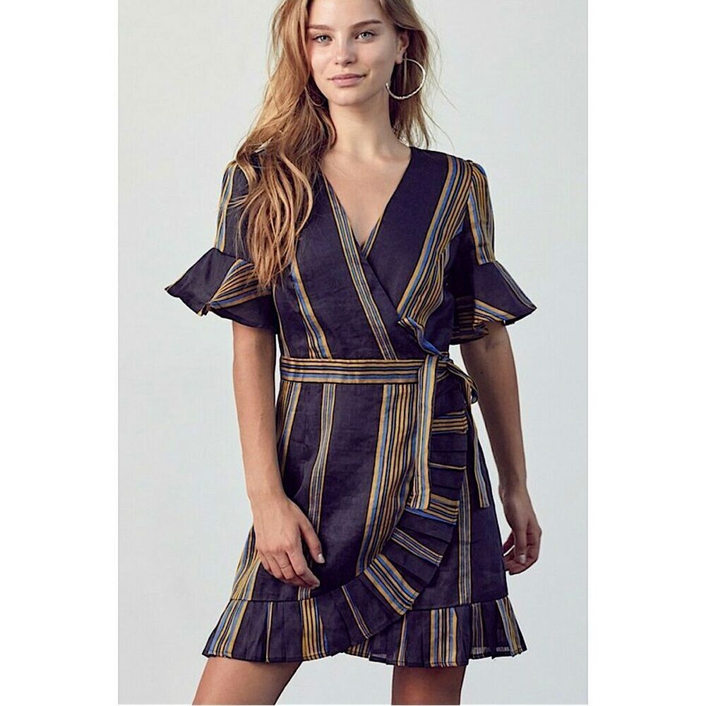 NWT Honey Punch Linen Blend Wrap Mini Dress S Black Striped Puff Sleeve Boho